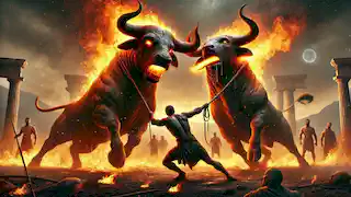 Jason struggles to yoke two fire-breathing bulls in Colchis, with Medea watching and using her magic to aid him.