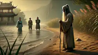 Sha Wujing stands by a river with his staff as Xuanzang, Sun Wukong, and Zhu Bajie watch from the other side