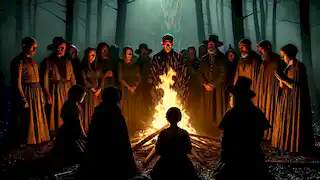 Goodman Brown witnesses a dark ritual in the forest, with familiar villagers and Faith gathered around a fire.