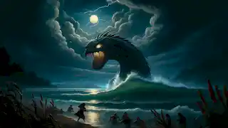 The taniwha Kahotea emerges from the lake at night as villagers flee in terror, with dark clouds and lightning overhead.