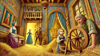 Miller's daughter in a larger room filled with more straw, with the little man spinning gold and the king watching.