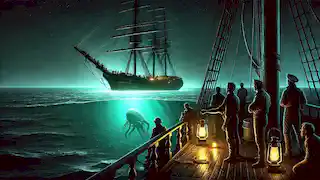 The crew of the Abraham Lincoln spots a glowing sea creature beneath the surface during a dark, eerie night at sea.