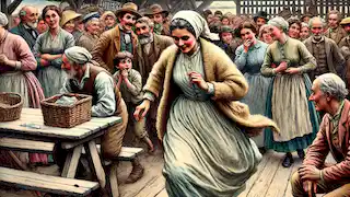 Mrs. Hutchinson rushes into the crowd, late to the lottery, while other villagers glance at her arrival.