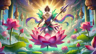 Nezha emerges from a lotus flower, wearing lotus armor and holding his spear, surrounded by mystical light