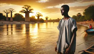 A young fisherman standing by the Niger River at sunset, gazing at the shimmering water with a determined expression.