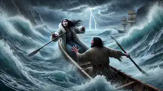 Sedna clings to a kayak in a raging storm as her father strikes her fingers with a paddle.