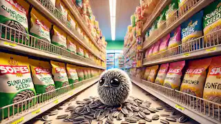 A scruffy sunflower seed in a bright grocery store aisle among organized seed packets.