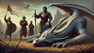 Bahram Gur stands victorious beside the fallen dragon, his sword raised triumphantly as his warriors look on.