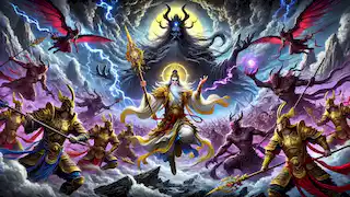 Yu Huang leading a celestial army against the Demon King in a stormy sky, wielding the staff of heaven.