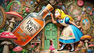 Alice drinking from a bottle labeled 'Drink Me,' shrinking with a small door leading to a beautiful garden in the background.