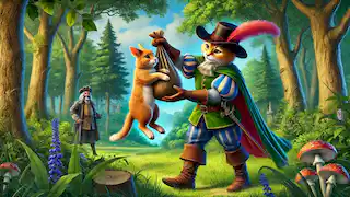 Puss in Boots presenting a rabbit to the king's court in a lush forest.