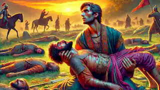 Rostam holding Sohrab's lifeless body on a quiet battlefield as the sun sets in the background.