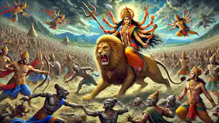 Durga charges into battle against Mahishasura’s army, wielding her divine weapons with precision.