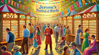 Jerome's Festival of Words, with people selecting words at colorful booths in a lively community setting.