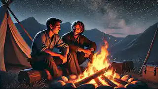 Ennis and Jack sitting by a campfire under a starry sky, sharing a quiet moment.