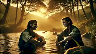 Sam and Ben sit by a peaceful river, their expressions relaxed as the sun sets, signaling the healing of their friendship.