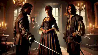 D'Artagnan and Athos confront Milady de Winter in a dimly lit room, swords drawn