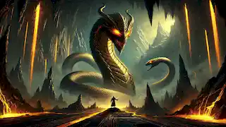 Er Tostik stands defiantly before Ajdahar, the serpent king, in a molten gold-lit cavern deep within a mountain.