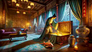 Chen sneaks into Bao's mansion at night to retrieve the stolen golden and wooden fish