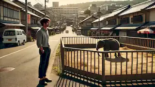 A man stands puzzled by an empty elephant enclosure in a quiet suburban Japanese town during the day.