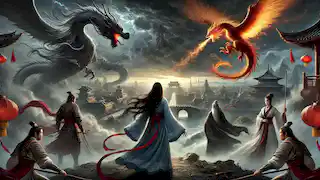 Princess Mei Ling, the Dragon, and the Phoenix confront the dark sorcerer Hu Ming in a chaotic battle scene.