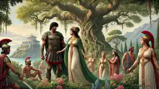 Jason and Queen Hypsipyle stand on the lush island of Lemnos, surrounded by Argonauts and women in peaceful interaction