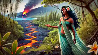 Hi’iaka, in flowing blue and green garments, stands near an erupting Kīlauea volcano, gesturing toward the flowing lava.