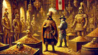 Atahualpa standing inside the Ransom Room surrounded by piles of gold as Francisco Pizarro watches.