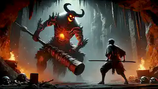 Haruto battles the massive Oni lord in a dark cave, showcasing his strength and determination.