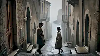 The narrator and Nina walk through the narrow, foggy streets of Fialta, engaged in deep conversation.