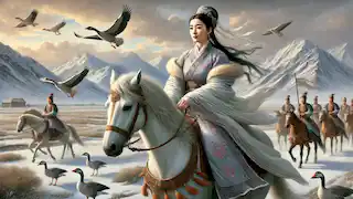 Wang Zhaojun on horseback during her journey to the Xiongnu lands, with geese faltering in awe of her beauty.