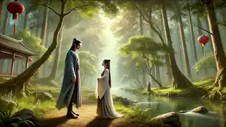 Hou Yi and Chang’e meet in a serene forest, looking at each other with empathy.