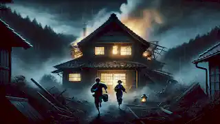 Haruka and Yuta flee their collapsing home at night, the Zashiki-warashi watches them from the doorway one last time.