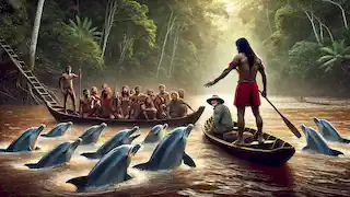 Antônio confronting poachers on the Amazon River as pink dolphins surround their boat, with the rainforest in the background.