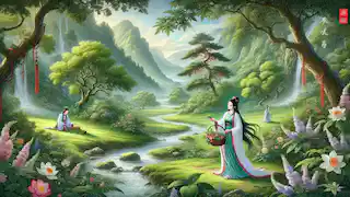 He Xiangu gathering sacred herbs in a lush valley with a stream and vibrant greenery under soft sunlight.