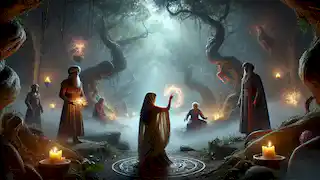 Ziba breaks the enchantment in a dark forest, glowing as her companions watch in awe amid mystical surroundings.