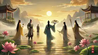 The Eight Immortals standing by the Eastern Sea after their journey, gazing at the calm water during a golden sunset.