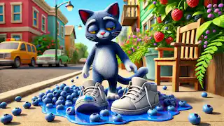 Pete's shoes change to blue after he steps into a pile of blueberries, and he keeps on smiling.