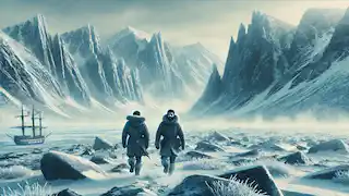 Edgar and Alaric trekking through a frozen tundra on their quest for rare ingredients, bundled in warm clothing.