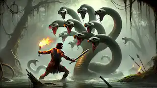 Heracles battling the Hydra in a misty swamp, wielding a sword and torch against the multi-headed beast.