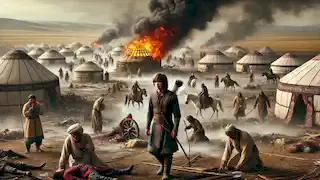 A devastated Kazakh village in flames with Nabro grieving in the center, clutching a bow and quiver.