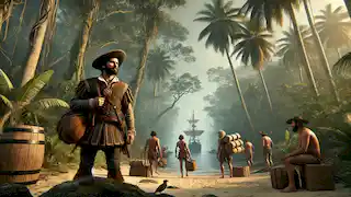 Juan Ponce de León and his crew disembark from their ship onto the Florida coastline, surrounded by dense tropical foliage.