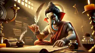 Ganesha uses his broken tusk as a pen to write the Mahabharata, with a calm, focused expression.