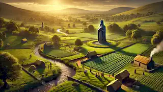 A flourishing Irish village with lush fields and rivers, framed by a statue of the Morrigan in the distance.