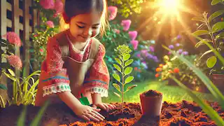 A child plants a small tree in a sunlit garden, symbolizing growth and dreams.