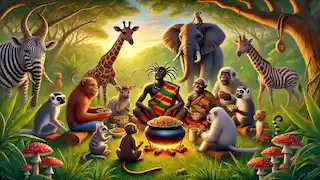 Anansi shares a joyful meal with animals in a lush forest, wearing a kente cloth with a content expression.