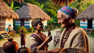 Aníbal shows the Zemi to his grandmother Abuela Inés in a small Caribbean village.