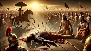 Bhishma lies on a bed of arrows on the battlefield as Arjuna and Krishna stand nearby, showing reverence.