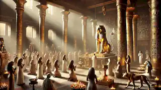 Inside Bastet’s temple in Bubastis, offerings of gold and incense surround a lioness statue as sunlight beams down.