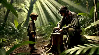 Tiago encounters a hunter sharpening his knife in a forest clearing surrounded by dense jungle foliage.